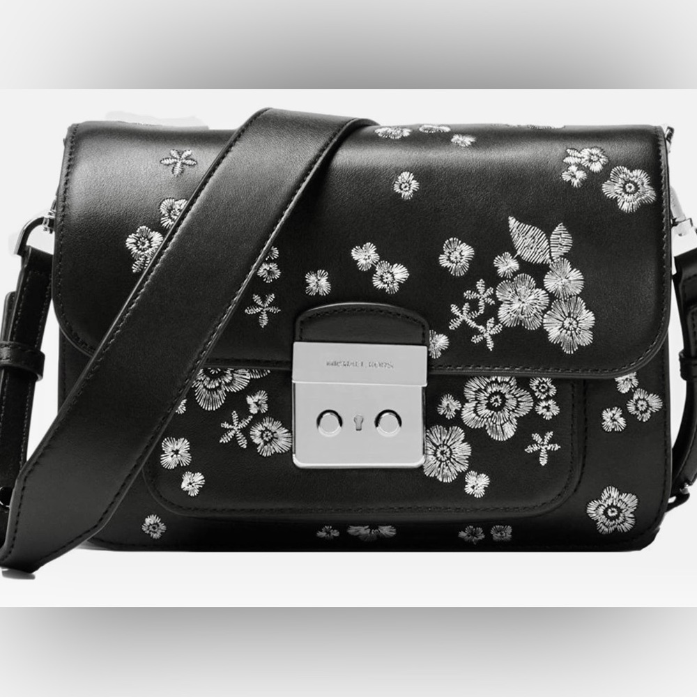 MICHAEL Michael Kors Sloan Editor Embroidered Leather Shoulder Bag - Black